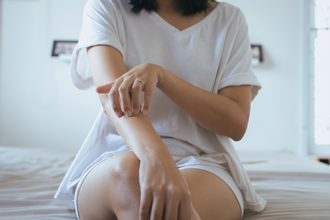 Person scratching an itchy arm affected by eczema