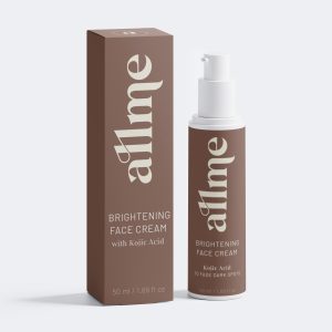 brown bottle next to a brown box that says "allme brightening face cream" with kojic acid.