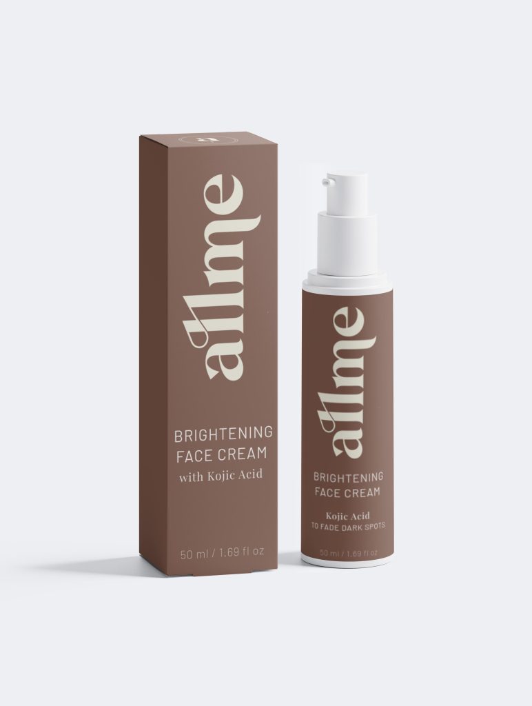 brown bottle next to a brown box that says "allme brightening face cream" with kojic acid.